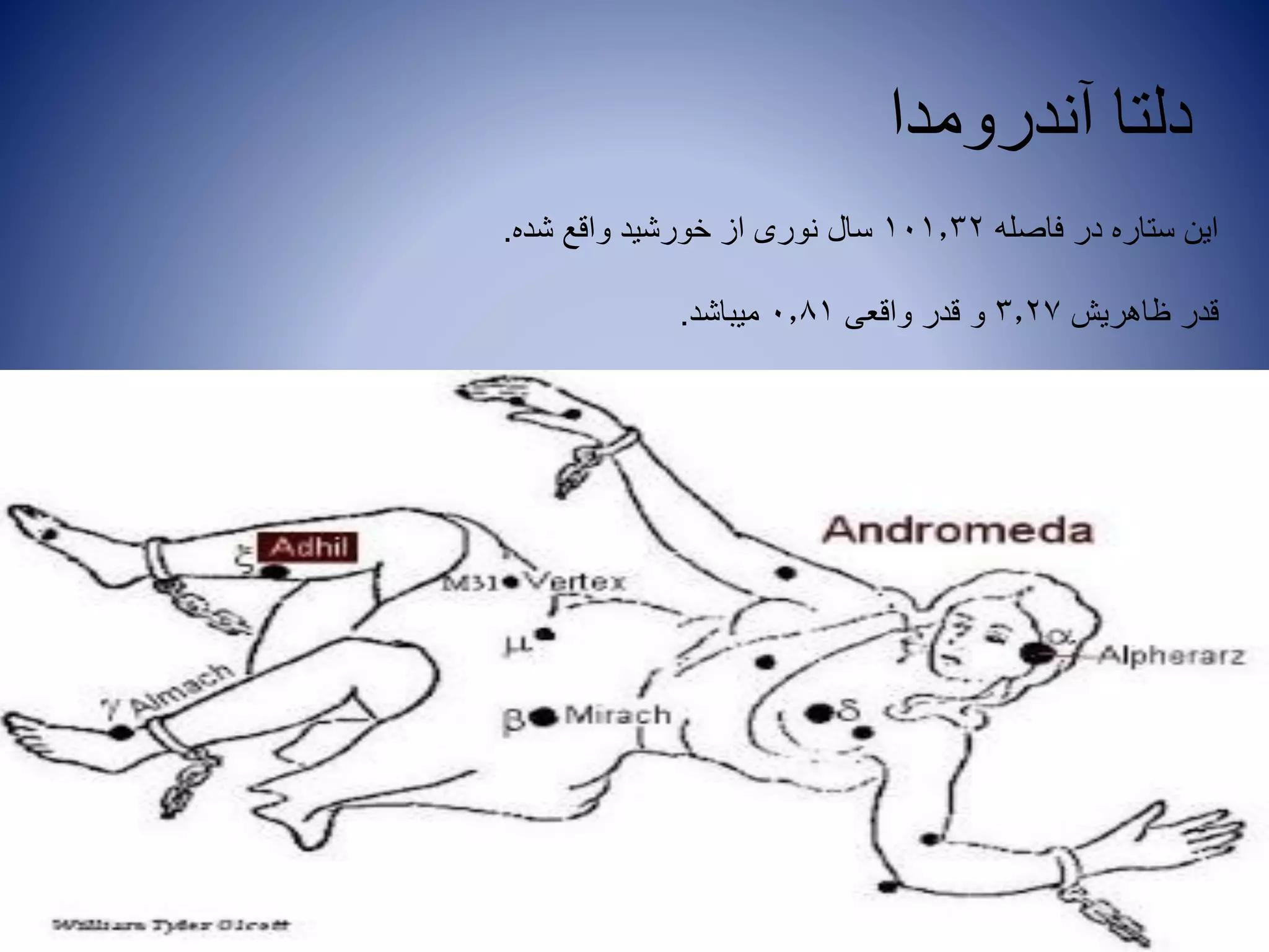 ‫آندرومدا‬ ‫دلتا‬
‫فاصله‬ ‫در‬ ‫ستاره‬ ‫این‬101.32‫شده‬ ‫واقع‬ ‫خورشید‬ ‫از‬ ‫نوری‬ ‫سال‬.
‫ظاهریش‬ ‫قدر‬3.27‫واقعی‬ ‫قدر‬ ‫و‬0.81‫میباشد‬.
 