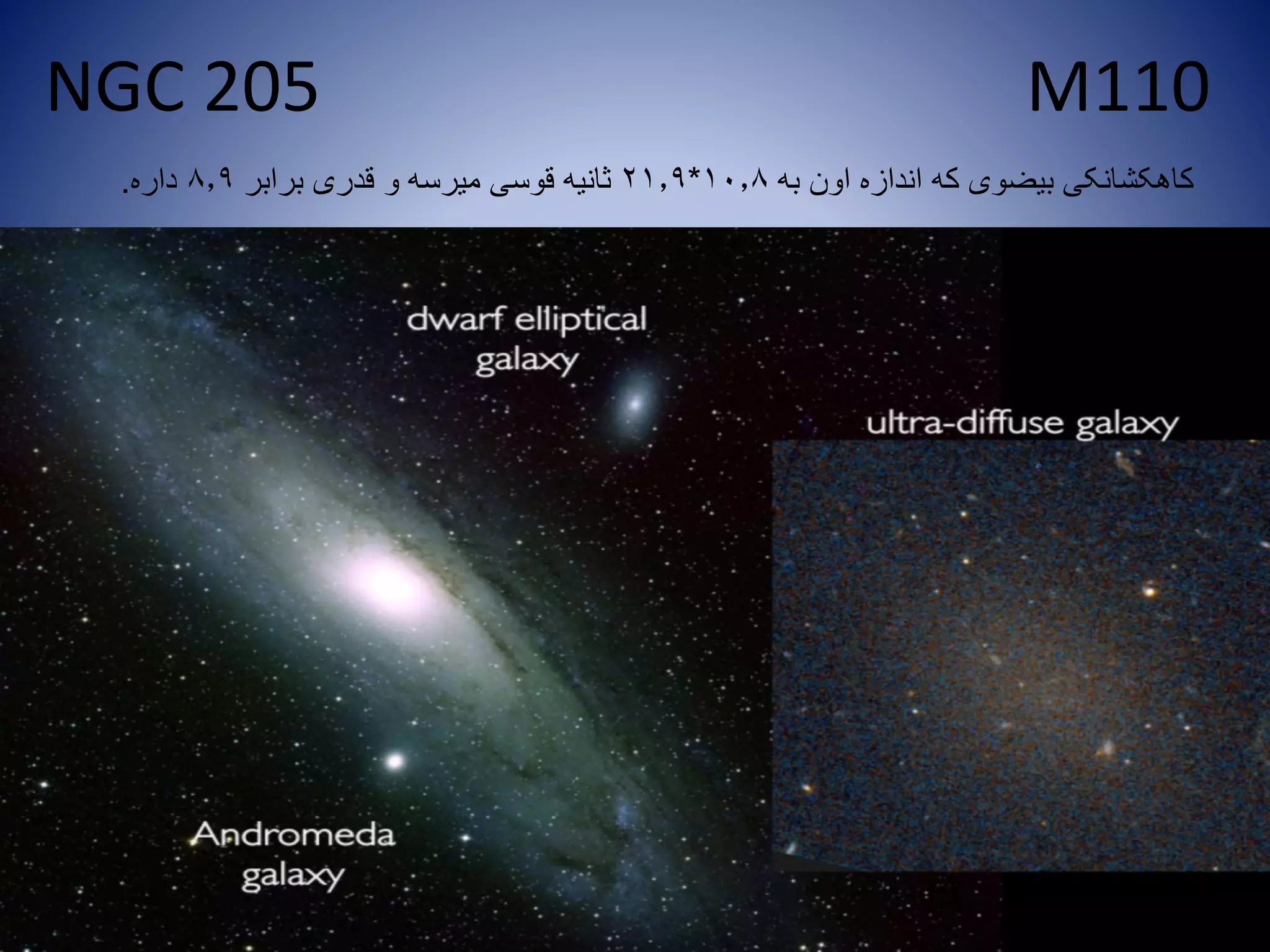 NGC 205 M110
‫به‬ ‫اون‬ ‫اندازه‬ ‫که‬ ‫بیضوی‬ ‫کاهکشانکی‬10.8*21.9‫برابر‬ ‫قدری‬ ‫و‬ ‫میرسه‬ ‫قوسی‬ ‫ثانیه‬8.9‫داره‬.
 
