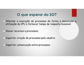 O que esperar do SO?
Alternar a execução de processos de forma a maximizar a
utilização da CPU e fornecer tempo de resposta razoável;
Alocar recursos a processos;
Suportar criação de processos pelo usuário;
Suportar comunicação entre processos.
2
 