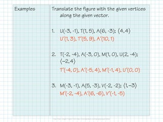 Examples Translate the figure with the given vertices
along the given vector.
1. U(-3, -1), T(1, 5), A(6, -3);
UUUU´´´´(1, 3), T(1, 3), T(1, 3), T(1, 3), T´´´´(5, 9), A(5, 9), A(5, 9), A(5, 9), A´´´´(10, 1)(10, 1)(10, 1)(10, 1)
2. T(-2, -4), A(-3, 0), M(1, 0), U(2, -4);
TTTT´´´´((((----4, 0), A4, 0), A4, 0), A4, 0), A´´´´((((----5, 4), M5, 4), M5, 4), M5, 4), M´´´´((((----1, 4), U1, 4), U1, 4), U1, 4), U´´´´(0, 0)(0, 0)(0, 0)(0, 0)
3. M(-3, -1), A(5, -3), V(-2, -2);
MMMM´´´´((((----2,2,2,2, ----4), A4), A4), A4), A´´´´(6,(6,(6,(6, ----6), V6), V6), V6), V´´´´((((----1,1,1,1, ----5)5)5)5)
4,4
2,4−
1, 3−
 
