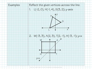 Examples Reflect the given vertices across the line.
1. L(-2, 0), H(-1, 4), S(3, 2); y-axis
2. M(-3, 3), A(2, 3), T(2, -1), H(-3, -1); y=x
x
y
•
•
•
L
H
S
• •
• •
M A
TH
y=x
 