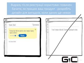 Відразу після реєстрації користувач повинен
бачити, як працює ваш продукт - розробіть
дизайн для випадків, коли даних ще немає
 