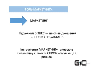 РОЛЬ МАРКЕТИНГУ
МАРКЕТИНГ
Будь-який БІЗНЕС — це співвідношення
СПРОБІВ і РЕЗУЛЬТАТІВ.
Інструменти МАРКЕТИНГу генерують
безкінечну кількість СПРОБ комунікації з
ринком
 