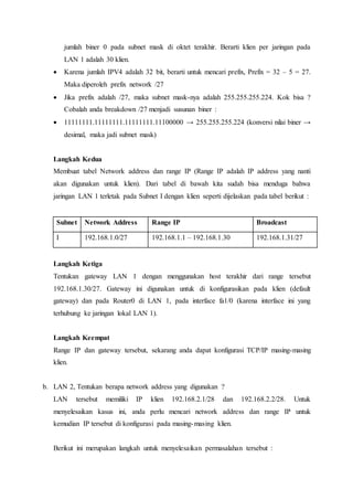 jumlah biner 0 pada subnet mask di oktet terakhir. Berarti klien per jaringan pada
LAN 1 adalah 30 klien.
 Karena jumlah IPV4 adalah 32 bit, berarti untuk mencari prefix, Prefix = 32 – 5 = 27.
Maka diperoleh prefix network /27
 Jika prefix adalah /27, maka subnet mask-nya adalah 255.255.255.224. Kok bisa ?
Cobalah anda breakdown /27 menjadi susunan biner :
 11111111.11111111.11111111.11100000 → 255.255.255.224 (konversi nilai biner →
desimal, maka jadi subnet mask)
Langkah Kedua
Membuat tabel Network address dan range IP (Range IP adalah IP address yang nanti
akan digunakan untuk klien). Dari tabel di bawah kita sudah bisa menduga bahwa
jaringan LAN 1 terletak pada Subnet I dengan klien seperti dijelaskan pada tabel berikut :
Subnet Network Address Range IP Broadcast
I 192.168.1.0/27 192.168.1.1 – 192.168.1.30 192.168.1.31/27
Langkah Ketiga
Tentukan gateway LAN 1 dengan menggunakan host terakhir dari range tersebut
192.168.1.30/27. Gateway ini digunakan untuk di konfigurasikan pada klien (default
gateway) dan pada Router0 di LAN 1, pada interface fa1/0 (karena interface ini yang
terhubung ke jaringan lokal LAN 1).
Langkah Keempat
Range IP dan gateway tersebut, sekarang anda dapat konfigurasi TCP/IP masing-masing
klien.
b. LAN 2, Tentukan berapa network address yang digunakan ?
LAN tersebut memiliki IP klien 192.168.2.1/28 dan 192.168.2.2/28. Untuk
menyelesaikan kasus ini, anda perlu mencari network address dan range IP untuk
kemudian IP tersebut di konfigurasi pada masing-masing klien.
Berikut ini merupakan langkah untuk menyelesaikan permasalahan tersebut :
 
