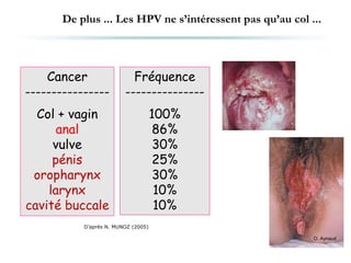 De plus ... Les HPV ne s’intéressent pas qu’au col ...
Cancer
----------------
Col + vagin
anal
vulve
pénis
oropharynx
larynx
cavité buccale
Fréquence
---------------
100%
86%
30%
25%
30%
10%
10%
D’après N. MUNOZ (2005)
O. Aynaud
 
