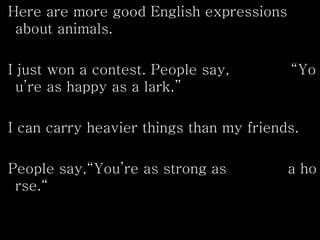 Here are more good English expressions
about animals.
I just won a contest. People say, “Yo
u’re as happy as a lark.”
I can carry heavier things than my friends.
People say,“You’re as strong as a ho
rse.“
 