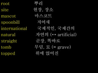 root 뿌리
site 현장, 장소
mascot 마스코트
spoonbill 저어새
international 국제적인, 국제간의
natural 자연의 (↔ artificial)
straight 곧장, 똑바로
tomb 무덤, 묘 (= grave)
topped 위에 얹어진
 