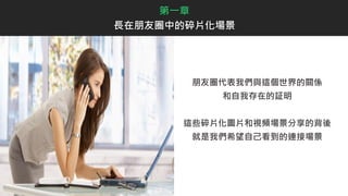 朋友圈代表我們與這個世界的關係
和自我存在的証明
這些碎片化圖片和視頻場景分享的背後
就是我們希望自己看到的連接場景
第一章
長在朋友圈中的碎片化場景
 