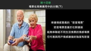 串連情感意義的“密度場景”
密度場景是基於社群連接
能夠串聯起不同生活情景的情感場景
它代表與用戶情感連接的強度和密度
第十四章
場景在商業應用中的分類(下)
 
