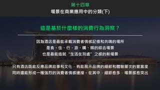 這是基於什麼樣的消費行為洞察？
因為酒店是最能承載消費者情感記憶和共鳴的場所
是食、住、行、游、購、娛的綜合場景
也是最能造就“生活在別處”之感的新場景
只有酒店既能反應品牌故事和文化，有能展示品牌的細節和體驗層次的豐富度
同時還能形成一種強烈的消費者情感連接。在其中，細節愈多，場景感愈突出
第十四章
場景在商業應用中的分類(下)
 