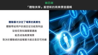 體驗層次決定了場景的真實性
體驗帶給用戶的滿足從功能到利益
從信任到知識層層邁進
能否成為真實場景
取決於體驗感的這種層次組合是否可持續
第四章
『體驗美學』重塑新的商業價值邏輯
 
