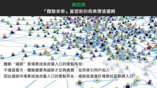 體驗“細節”是場景成為流量入口的要點所在
不僅是層次，體驗還要有細節才足夠真實，從而吸引用戶加入
因此細節市場景成為流量入口的要點所在。細節就是基於場景的互聯網入口
第四章
『體驗美學』重塑新的商業價值邏輯
 
