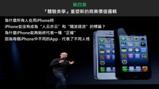為什麼所有人在用iPhone時
iPhone並沒有成為“人云亦云”和“隨波逐流”的標籤？
為什麼iPhone能夠始終代表一種“正確”
因為每個iPhone中不同的App，代表了不同人格
第四章
『體驗美學』重塑新的商業價值邏輯
 