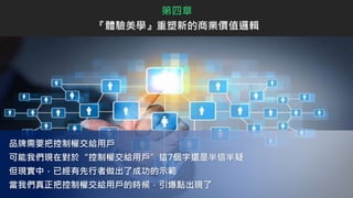 品牌需要把控制權交給用戶
可能我們現在對於“控制權交給用戶”這7個字還是半信半疑
但現實中，已經有先行者做出了成功的示範
當我們真正把控制權交給用戶的時候，引爆點出現了
第四章
『體驗美學』重塑新的商業價值邏輯
 