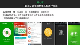 以微信搖一搖、360搖一搖、手機淘寶搖一搖等手段
形成O2O互動，建立和消費者強大的互動能力和引爆能力
分眾持續確立了引爆場景地位
第七章
『數據』讓場景精確匹配用戶需求
 