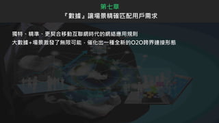 獨特、精準、更契合移動互聯網時代的網絡應用規則
大數據+場景激發了無限可能，催化出一種全新的O2O跨界連接形態
第七章
『數據』讓場景精確匹配用戶需求
 