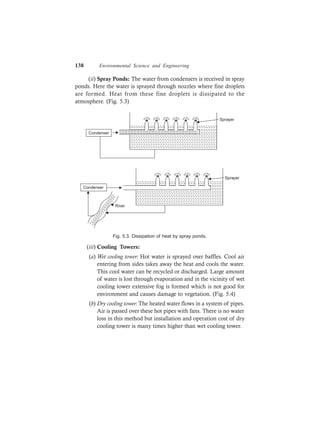 138 Environmental Science and Engineering
(ii) Spray Ponds: The water from condensers is received in spray
ponds. Here the water is sprayed through nozzles where fine droplets
are formed. Heat from these fine droplets is dissipated to the
atmosphere. (Fig. 5.3)
Sprayer
Condenser
Condenser
River
Sprayer
Fig. 5.3. Dissipation of heat by spray ponds.
(iii) Cooling Towers:
(a) Wet cooling tower: Hot water is sprayed over baffles. Cool air
entering from sides takes away the heat and cools the water.
This cool water can be recycled or discharged. Large amount
of water is lost through evaporation and in the vicinity of wet
cooling tower extensive fog is formed which is not good for
environment and causes damage to vegetation. (Fig. 5.4)
(b) Dry cooling tower: The heated water flows in a system of pipes.
Air is passed over these hot pipes with fans. There is no water
loss in this method but installation and operation cost of dry
cooling tower is many times higher than wet cooling tower.
 