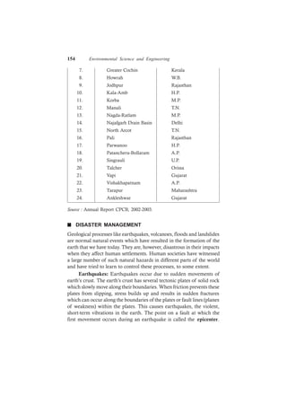 154 Environmental Science and Engineering
7. Greater Cochin Kerala
8. Howrah W.B.
9. Jodhpur Rajasthan
10. Kala-Amb H.P.
11. Korba M.P.
12. Manali T.N.
13. Nagda-Ratlam M.P.
14. Najafgarh Drain Basin Delhi
15. North Arcot T.N.
16. Pali Rajasthan
17. Parwanoo H.P.
18. Patancheru-Bollaram A.P.
19. Singrauli U.P.
20. Talcher Orissa
21. Vapi Gujarat
22. Vishakhapatnam A.P.
23. Tarapur Maharashtra
24. Ankleshwar Gujarat
Source : Annual Report CPCB, 2002-2003.
n DISASTER MANAGEMENT
Geological processes like earthquakes, volcanoes, floods and landslides
are normal natural events which have resulted in the formation of the
earth that we have today. They are, however, disastrous in their impacts
when they affect human settlements. Human societies have witnessed
a large number of such natural hazards in different parts of the world
and have tried to learn to control these processes, to some extent.
Earthquakes: Earthquakes occur due to sudden movements of
earth’s crust. The earth’s crust has several tectonic plates of solid rock
which slowly move along their boundaries. When friction prevents these
plates from slipping, stress builds up and results in sudden fractures
which can occur along the boundaries of the plates or fault lines (planes
of weakness) within the plates. This causes earthquakes, the violent,
short-term vibrations in the earth. The point on a fault at which the
first movement occurs during an earthquake is called the epicenter.
 