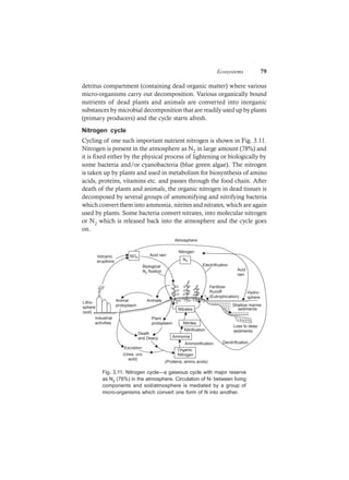 Ecosystems 79
detritus compartment (containing dead organic matter) where various
micro-organisms carry out decomposition. Various organically bound
nutrients of dead plants and animals are converted into inorganic
substances by microbial decomposition that are readily used up by plants
(primary producers) and the cycle starts afresh.
Nitrogen cycle
Cycling of one such important nutrient nitrogen is shown in Fig. 3.11.
Nitrogen is present in the atmosphere as N2 in large amount (78%) and
it is fixed either by the physical process of lightening or biologically by
some bacteria and/or cyanobacteria (blue green algae). The nitrogen
is taken up by plants and used in metabolism for biosynthesis of amino
acids, proteins, vitamins etc. and passes through the food chain. After
death of the plants and animals, the organic nitrogen in dead tissues is
decomposed by several groups of ammonifying and nitrifying bacteria
which convert them into ammonia, nitrites and nitrates, which are again
used by plants. Some bacteria convert nitrates, into molecular nitrogen
or N2 which is released back into the atmosphere and the cycle goes
on.
Nitrates
Nitrites
Ammonia
Organic
Nitrogen
(Proteins, amino acids)
AnimalsAnimal
protoplasm
Industrial
activities
Litho-
sphere
(soil)
Death
and Deacy
Plant
protoplasm
Excretion
Fertilizer
Runoff
(Eutrophication)
Shallow marine
sediments
Nitrification
Ammonification
N2
NOXVolcanic
eruptions
Acid rain
Biological
N fixation2
Electrification
Loss to deep
sediments
Denitrification
Nitrogen
Acid
rain
Atmosphere
(Urea, uric
acid)
Hydro-
sphere
Fig. 3.11. Nitrogen cycle—a gaseous cycle with major reserve
as N2 (78%) in the atmosphere. Circulation of N- between living
components and soil/atmosphere is mediated by a group of
micro-organisms which convert one form of N into another.
 