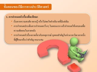 ขั้นตอนของวิธีการทางประวัติศาสตร์
1. การกาหนดหัวเรื่องที่จะศึกษา
• เริ่มจากความสงสัย อยากรู้ หรือไม่พอใจคาอธิบายที่มีแต่เดิม
• การกาหนดประเด็นควรกาหนดกว้างๆ ในตอนแรก แล้วกาหนดให้แคบลงเพื่อ
ความชัดเจนในภายหลัง
• การกาหนดหัวเรื่องอาจเกี่ยวกับเหตุการณ์ บุคคลสาคัญในช่วงเวลาใดเวลาหนึ่ง
ที่ผู้ศึกษาเห็นว่าสาคัญ เหมาะสม
 