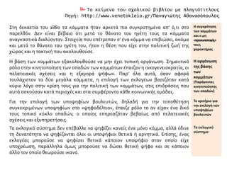  Το κείμενο του σχολικού βιβλίου με πλαγιότιτλους
Πηγή: http://www.venetokleio.gr/Παναγιώτης Αθανασόπουλος
Στη δεκαετία του 1880 τα κόμματα ήταν αρκετά πιο συγκροτημένα απ' ό,τι στο
παρελθόν. Δεν είναι βέβαιο ότι μετά το θάνατο του ηγέτη τους τα κόμματα
αναγκαστικά διαλύονταν. Στοιχεία που επέτρεπαν σ' ένα κόμμα να επιβιώσει, ακόμα
και μετά το θάνατο του ηγέτη του, ήταν η θέση που είχε στην πολιτική ζωή της
χώρας και η τακτική που ακολουθούσε.
Η συγκρότηση
των κομμάτων
και ο μη
«προσωποπαγής»
τους
χαρακτήρας
Η βάση των κομμάτων εξακολουθούσε να μην έχει τυπική οργάνωση. Σημαντικό
ρόλο στην κινητοποίηση των οπαδών των κομμάτων έπαιζαν η οικογενειοκρατία, οι
πελατειακές σχέσεις και η εξαγορά ψήφων. Παρ' όλα αυτά, όσον αφορά
τουλάχιστον τα δύο μεγάλα κόμματα, η επιλογή των εκλογέων βασιζόταν κατά
κύριο λόγο στην κρίση τους για την πολιτική των κομμάτων, στις επιδράσεις που
αυτά ασκούσαν κατά περιοχές και στα συμφέροντα κάθε κοινωνικής ομάδας.
Η οργάνωση
της βάσης
των
κομμάτων
(Παράγοντες
κινητοποίησης
των οπαδών)
Για την επιλογή των υποψηφίων βουλευτών, δηλαδή για την τοποθέτηση
συγκεκριμένων υποψηφίων στο «ψηφοδέλτιο», έπαιζε ρόλο το αν είχαν ένα δικό
τους τοπικό κύκλο οπαδών, ο οποίος επηρεαζόταν βεβαίως από πελατειακές
σχέσεις και εξυπηρετήσεις.
Το κριτήριο για
την επιλογή των
υποψηφίων
βουλευτών
Το εκλογικό σύστημα δεν επέβαλλε να ψηφίζει κανείς ένα μόνο κόμμα, αλλά έδινε
τη δυνατότητα να ψηφίζονται όλοι οι υποψήφιοι θετικά ή αρνητικά. Επίσης, ένας
εκλογέας μπορούσε να ψηφίσει θετικά κάποιον υποψήφιο στον οποίο είχε
υποχρέωση, παράλληλα όμως μπορούσε να δώσει θετική ψήφο και σε κάποιον
άλλο τον οποίο θεωρούσε ικανό.
Το εκλογικό
σύστημα
 
