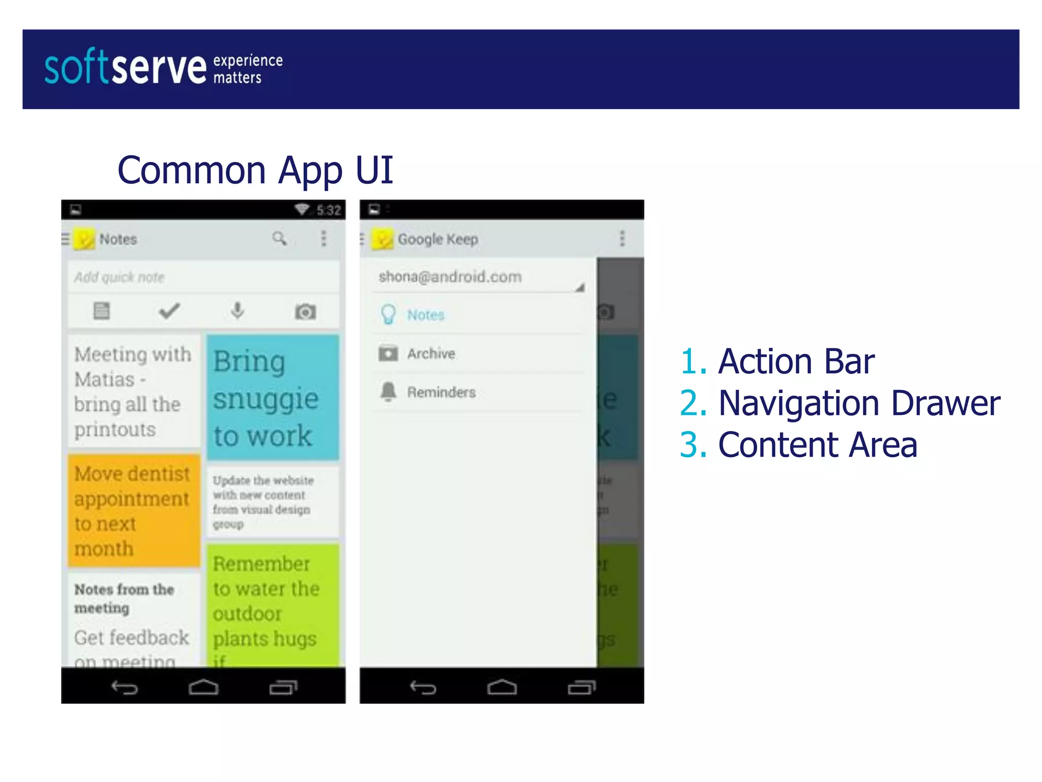 Common App UI
1. Action Bar
2. Navigation Drawer
3. Content Area
 