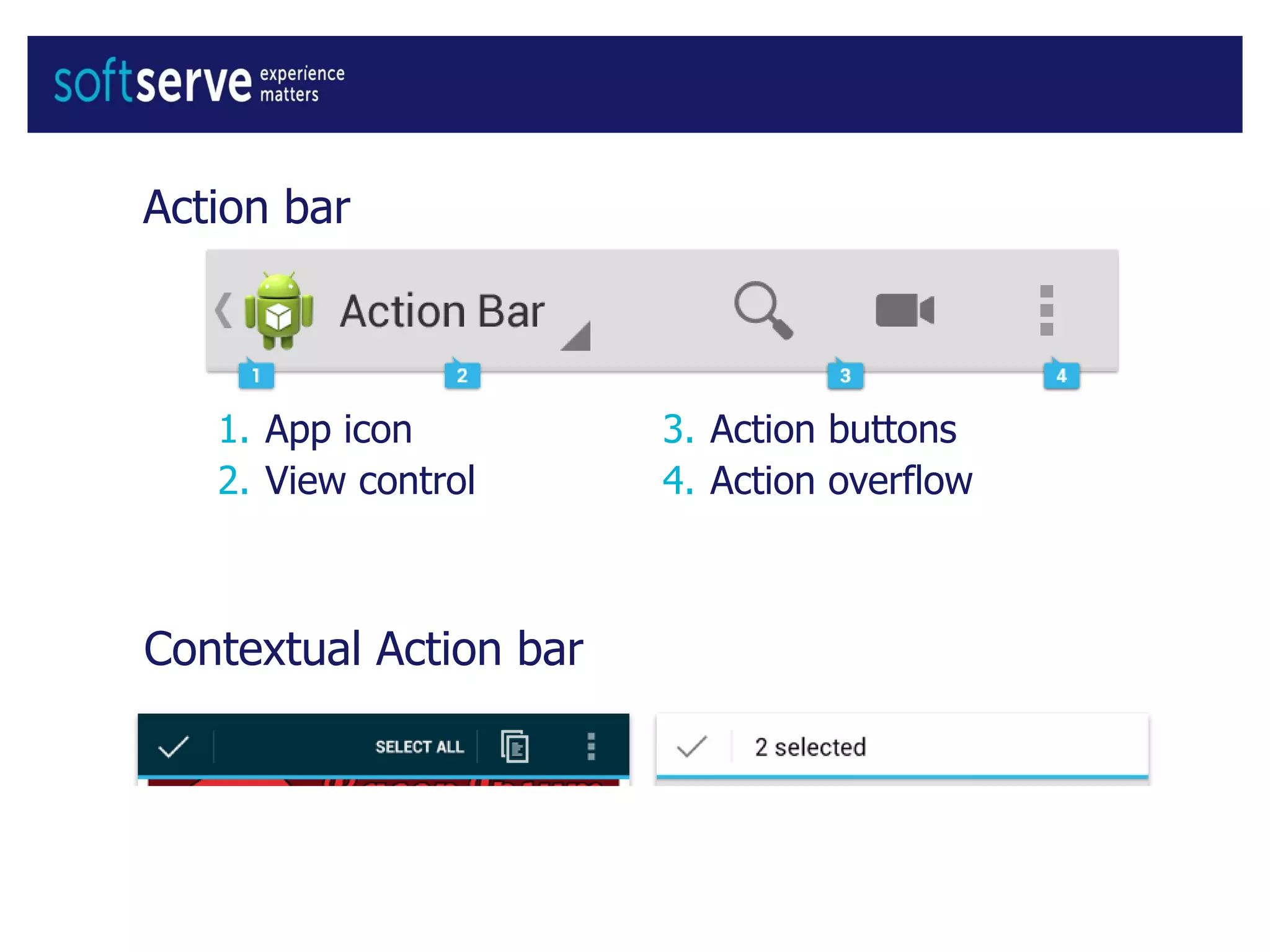 Action bar
1. App icon
2. View control
3. Action buttons
4. Action overflow
Contextual Action bar
 