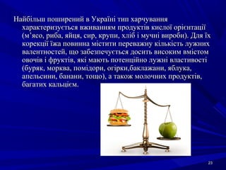 2323
Найбільш поширений в Україні тип харчуванняНайбільш поширений в Україні тип харчування
характеризується вживанням продуктів кислої орієнтаціїхарактеризується вживанням продуктів кислої орієнтації
(м’ясо, риба, яйця, сир, крупи, хліб і мучні вироби). Для їх(м’ясо, риба, яйця, сир, крупи, хліб і мучні вироби). Для їх
корекції їжа повинна містити переважну кількість лужнихкорекції їжа повинна містити переважну кількість лужних
валентностей, що забезпечується досить високим вмістомвалентностей, що забезпечується досить високим вмістом
овочів і фруктів, які мають потенційно лужні властивостіовочів і фруктів, які мають потенційно лужні властивості
(буряк, морква, помідори, огірки,баклажани, яблука,(буряк, морква, помідори, огірки,баклажани, яблука,
апельсини, банани, тощо), а також молочних продуктів,апельсини, банани, тощо), а також молочних продуктів,
багатих кальцієм.багатих кальцієм.
 
