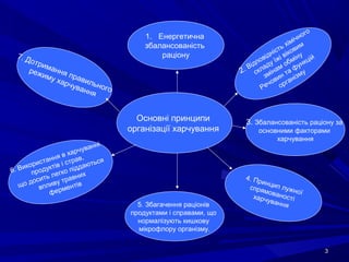 33
Основні принципи
організації харчування
1. Енергетична
збалансованість
раціону
2. Відповідність хімічного
складу їжі віковим
змінам обміну
Речовин та функцій
організму
3. Збалансованість раціону за
основними факторами
харчування
4. Принцип лужної
спрямованостіхарчування5. Збагачення раціонів
продуктами і справами, що
нормалізують кишкову
мікрофлору організму.
6. Використання в харчуванні
продуктів і страв,
що досить легко піддаються
впливу травних
ферментів
7. Дотримання правильного
режиму харчування
 