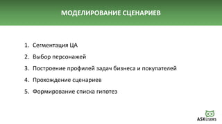 МОДЕЛИРОВАНИЕ СЦЕНАРИЕВ
1. Сегментация ЦА
2. Выбор персонажей
3. Построение профилей задач бизнеса и покупателей
4. Прохождение сценариев
5. Формирование списка гипотез
 