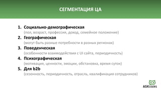 СЕГМЕНТАЦИЯ ЦА
1. Социально-демографическая
(пол, возраст, профессия, доход, семейное положение)
2. Географическая
(могут быть разные потребности в разных регионах)
3. Поведенческая
(особенности взаимодействия с UI сайта, периодичность)
4. Психографическая
(мотивация, ценности, эмоции, обстановка, время суток)
5. Для b2b
(сезонность, периодичность, отрасль, квалификация сотрудников)
 