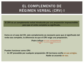 EL COMPLEMENTO DE
RÉGIMEN VERBAL (CRV) I
El CRV es un complemento verbal introducido por una preposición imprescindible
para que el verbo complete su significado.
Como en el caso del CD, este complemento es necesario para que el significado del
verbo sea completo, la diferencia es que el CRV exige una preposición.
Pedro influye
NP
en sus compañeros
CRV
Pueden funcionar como CRV:
• Un SP precedido por cualquier preposición: Mi hermana confía en sus amigos.
Nadie se acuerda de eso.
 