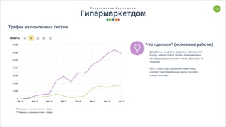 13П р о д в и ж е н и е б е з с с ы л о к
Гипермаркетдом
Трафик из поисковых систем
Что сделали? (основные работы)
• Доработки: скорость загрузки, sitemap.xml,
футер, шапка сайта, блоки перелиековки,
автоформирование мета-тегов, фильтры по
товарам
• SEO: структура, огромная семантика,
контент, распределение весов по сайту,
концентраторы
 