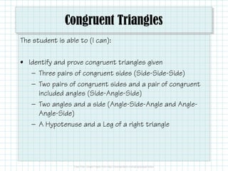 Congruent Triangles
The student is able to (I can):
• Identify and prove congruent triangles given
— Three pairs of congruent sides (Side-Side-Side)
— Two pairs of congruent sides and a pair of congruent
included angles (Side-Angle-Side)
— Two angles and a side (Angle-Side-Angle and Angle-
Angle-Side)
— A Hypotenuse and a Leg of a right triangle
 