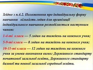 Згідно з п.4.2. Положенння про індивідуальну форму
навчання кількість годин для організації
індивідуального навчання розподіляється наступним
чином:
1-4-ті класи — 5 годин на тиждень на кожного учня;
5-9-ті класи — 8 годин на тиждень на кожного учня;
10-11-ті класи — 12 годин на тиждень на кожного
учня за умови виконання вимог Державного стандарту
початкової загальної освіти, Державного стандарту
базової та повної загальної середньої освіти.
 
