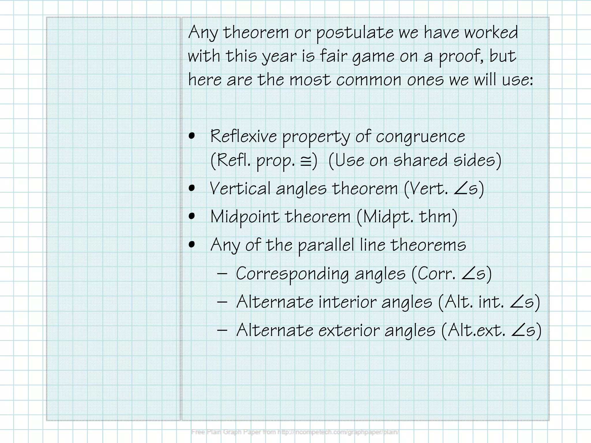 Any theorem or postulate we have worked
with this year is fair game on a proof, but
here are the most common ones we will use:
• Reflexive property of congruence
(Refl. prop. ≅) (Use on shared sides)
• Vertical angles theorem (Vert. ∠s)
• Midpoint theorem (Midpt. thm)
• Any of the parallel line theorems
— Corresponding angles (Corr. ∠s)
— Alternate interior angles (Alt. int. ∠s)
— Alternate exterior angles (Alt.ext. ∠s)