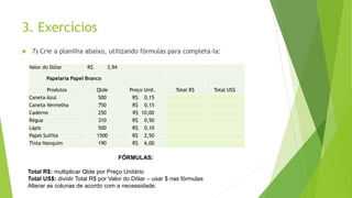 3. Exercícios
 7) Crie a planilha abaixo, utilizando fórmulas para completa-la:
Valor do Dólar R$ 3,94
Papelaria Papel Branco
Produtos Qtde Preço Unit. Total R$ Total US$
Caneta Azul 500 R$ 0,15
Caneta Vermelha 750 R$ 0,15
Caderno 250 R$ 10,00
Régua 310 R$ 0,50
Lápis 500 R$ 0,10
Papel Sulfite 1500 R$ 2,50
Tinta Nanquim 190 R$ 6,00
FÓRMULAS:
Total R$: multiplicar Qtde por Preço Unitário
Total US$: dividir Total R$ por Valor do Dólar – usar $ nas fórmulas
Alterar as colunas de acordo com a necessidade.
 
