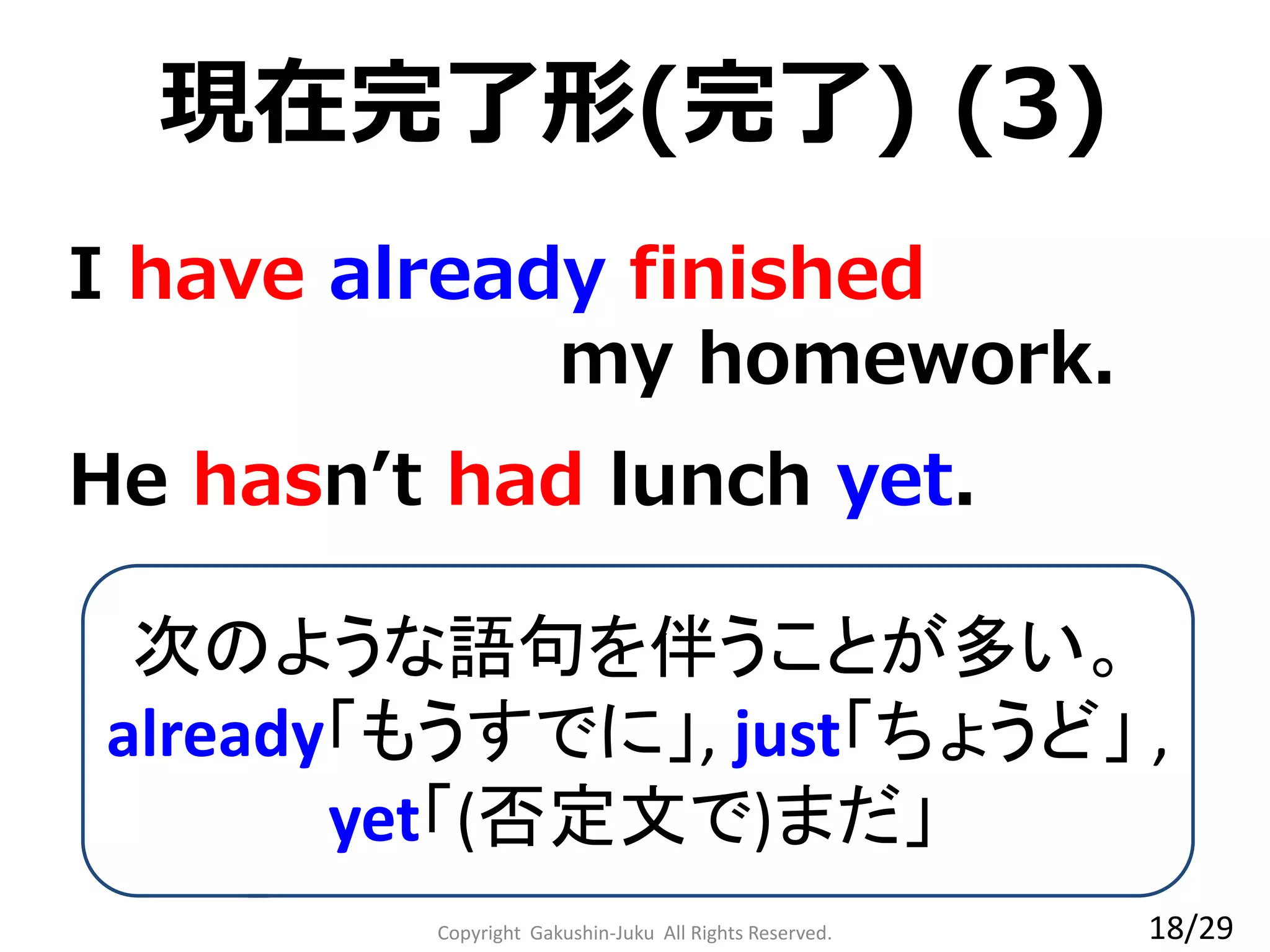 Copyright Gakushin-Juku All Rights Reserved.
現在完了形(完了) (3)
He hasn’t had lunch yet.
次のような語句を伴うことが多い。
already「もうすでに」, just「ちょうど」 ,
yet「(否定文で)まだ」
I have already finished
my homework.
18/29
 
