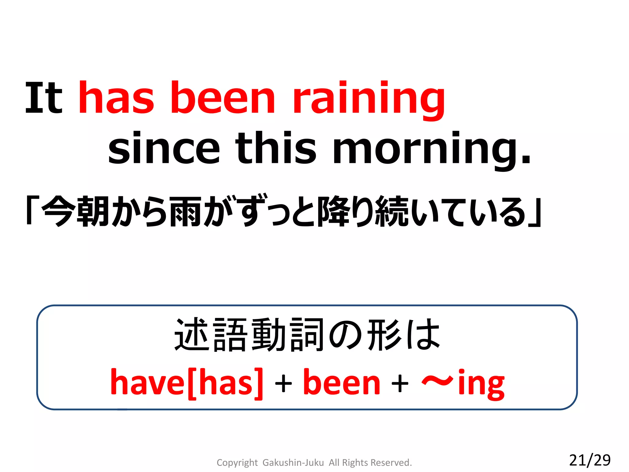 Copyright Gakushin-Juku All Rights Reserved.
It has been raining
since this morning.
述語動詞の形は
have[has] + been + ～ing
「今朝から雨がずっと降り続いている」
21/29
 