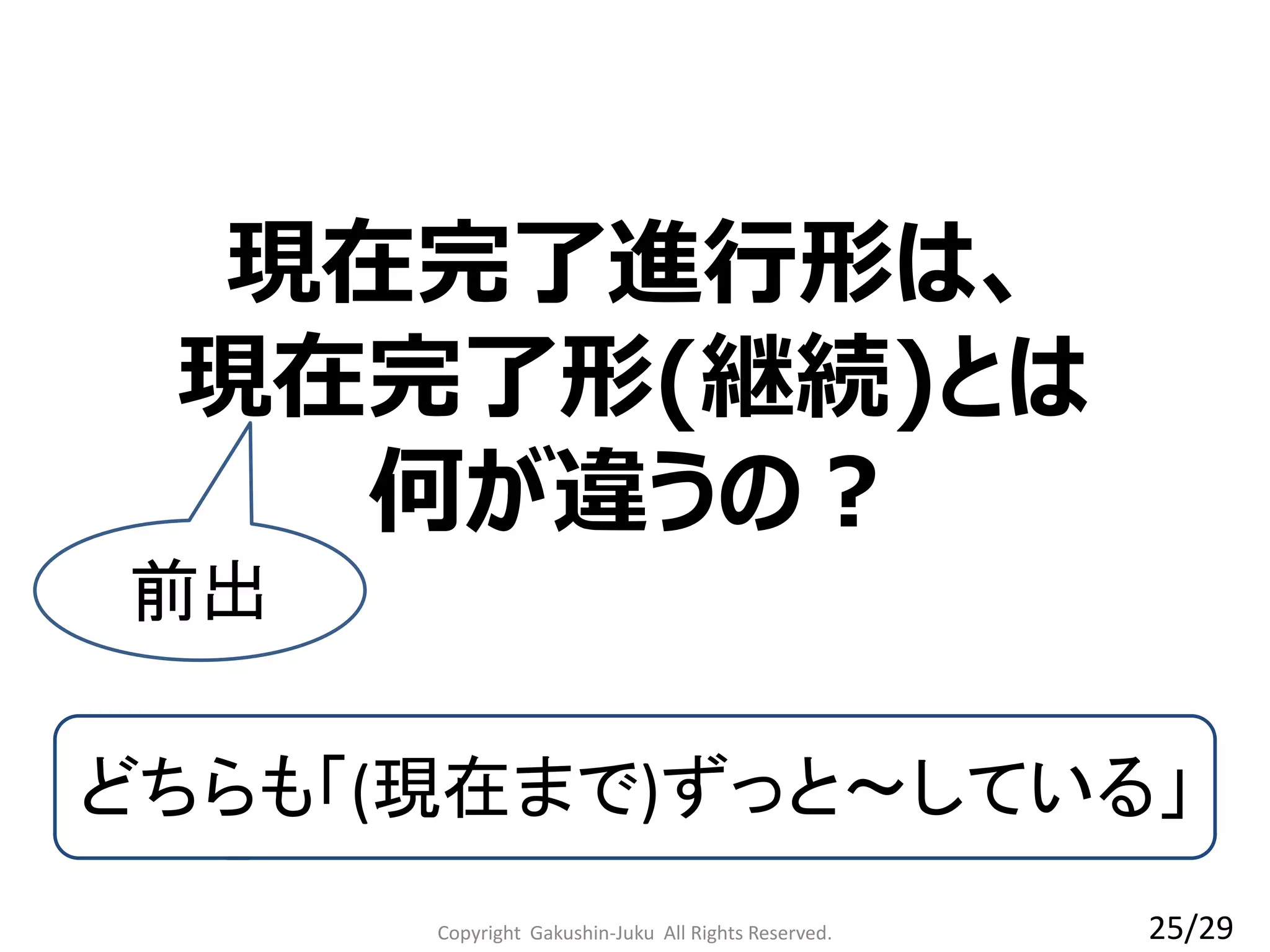 Copyright Gakushin-Juku All Rights Reserved.
現在完了進行形は、
現在完了形(継続)とは
何が違うの？
前出
どちらも「(現在まで)ずっと～している」
25/29
 