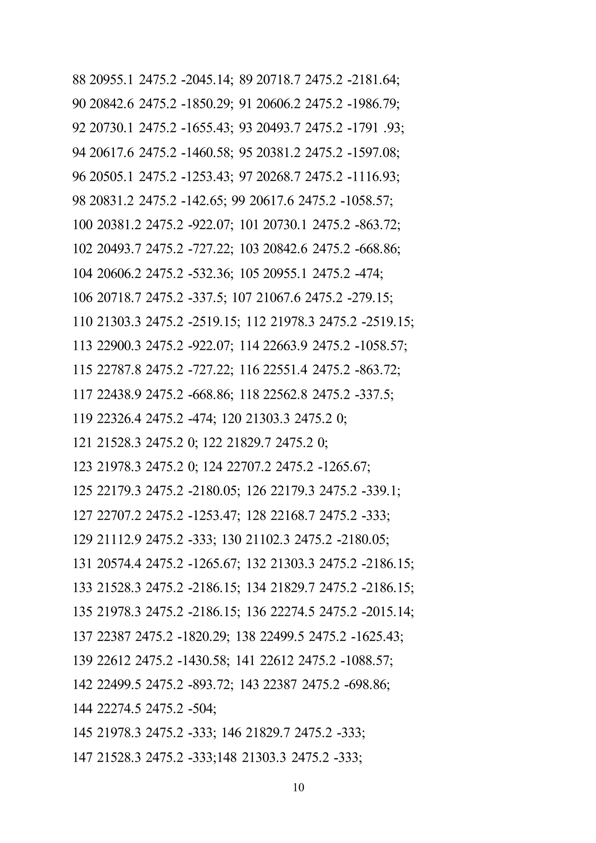 10
88 20955.1 2475.2 -2045.14; 89 20718.7 2475.2 -2181.64;
90 20842.6 2475.2 -1850.29; 91 20606.2 2475.2 -1986.79;
92 20730.1 2475.2 -1655.43; 93 20493.7 2475.2 -1791 .93;
94 20617.6 2475.2 -1460.58; 95 20381.2 2475.2 -1597.08;
96 20505.1 2475.2 -1253.43; 97 20268.7 2475.2 -1116.93;
98 20831.2 2475.2 -142.65; 99 20617.6 2475.2 -1058.57;
100 20381.2 2475.2 -922.07; 101 20730.1 2475.2 -863.72;
102 20493.7 2475.2 -727.22; 103 20842.6 2475.2 -668.86;
104 20606.2 2475.2 -532.36; 105 20955.1 2475.2 -474;
106 20718.7 2475.2 -337.5; 107 21067.6 2475.2 -279.15;
110 21303.3 2475.2 -2519.15; 112 21978.3 2475.2 -2519.15;
113 22900.3 2475.2 -922.07; 114 22663.9 2475.2 -1058.57;
115 22787.8 2475.2 -727.22; 116 22551.4 2475.2 -863.72;
117 22438.9 2475.2 -668.86; 118 22562.8 2475.2 -337.5;
119 22326.4 2475.2 -474; 120 21303.3 2475.2 0;
121 21528.3 2475.2 0; 122 21829.7 2475.2 0;
123 21978.3 2475.2 0; 124 22707.2 2475.2 -1265.67;
125 22179.3 2475.2 -2180.05; 126 22179.3 2475.2 -339.1;
127 22707.2 2475.2 -1253.47; 128 22168.7 2475.2 -333;
129 21112.9 2475.2 -333; 130 21102.3 2475.2 -2180.05;
131 20574.4 2475.2 -1265.67; 132 21303.3 2475.2 -2186.15;
133 21528.3 2475.2 -2186.15; 134 21829.7 2475.2 -2186.15;
135 21978.3 2475.2 -2186.15; 136 22274.5 2475.2 -2015.14;
137 22387 2475.2 -1820.29; 138 22499.5 2475.2 -1625.43;
139 22612 2475.2 -1430.58; 141 22612 2475.2 -1088.57;
142 22499.5 2475.2 -893.72; 143 22387 2475.2 -698.86;
144 22274.5 2475.2 -504;
145 21978.3 2475.2 -333; 146 21829.7 2475.2 -333;
147 21528.3 2475.2 -333;148 21303.3 2475.2 -333;
 