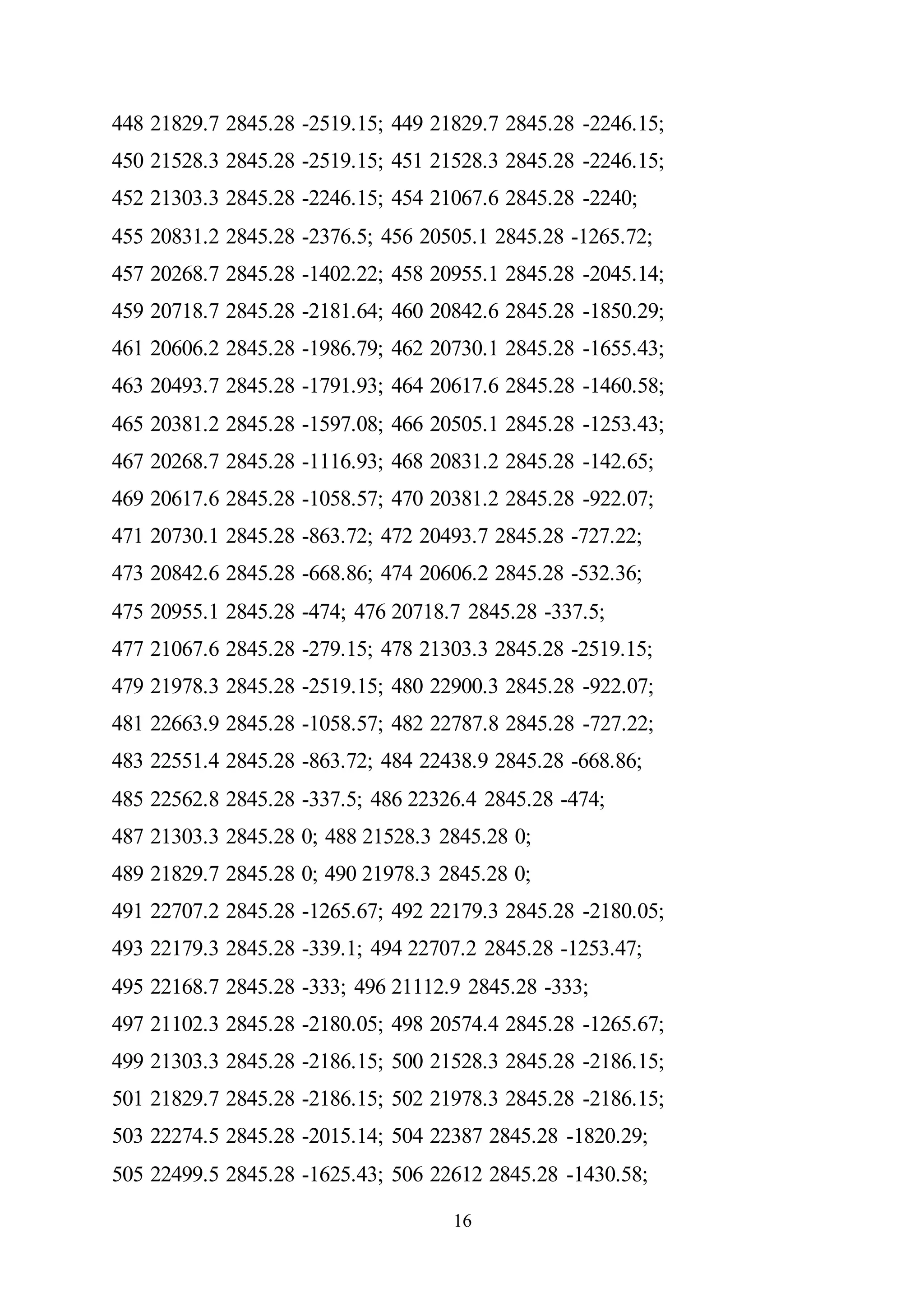 16
448 21829.7 2845.28 -2519.15; 449 21829.7 2845.28 -2246.15;
450 21528.3 2845.28 -2519.15; 451 21528.3 2845.28 -2246.15;
452 21303.3 2845.28 -2246.15; 454 21067.6 2845.28 -2240;
455 20831.2 2845.28 -2376.5; 456 20505.1 2845.28 -1265.72;
457 20268.7 2845.28 -1402.22; 458 20955.1 2845.28 -2045.14;
459 20718.7 2845.28 -2181.64; 460 20842.6 2845.28 -1850.29;
461 20606.2 2845.28 -1986.79; 462 20730.1 2845.28 -1655.43;
463 20493.7 2845.28 -1791.93; 464 20617.6 2845.28 -1460.58;
465 20381.2 2845.28 -1597.08; 466 20505.1 2845.28 -1253.43;
467 20268.7 2845.28 -1116.93; 468 20831.2 2845.28 -142.65;
469 20617.6 2845.28 -1058.57; 470 20381.2 2845.28 -922.07;
471 20730.1 2845.28 -863.72; 472 20493.7 2845.28 -727.22;
473 20842.6 2845.28 -668.86; 474 20606.2 2845.28 -532.36;
475 20955.1 2845.28 -474; 476 20718.7 2845.28 -337.5;
477 21067.6 2845.28 -279.15; 478 21303.3 2845.28 -2519.15;
479 21978.3 2845.28 -2519.15; 480 22900.3 2845.28 -922.07;
481 22663.9 2845.28 -1058.57; 482 22787.8 2845.28 -727.22;
483 22551.4 2845.28 -863.72; 484 22438.9 2845.28 -668.86;
485 22562.8 2845.28 -337.5; 486 22326.4 2845.28 -474;
487 21303.3 2845.28 0; 488 21528.3 2845.28 0;
489 21829.7 2845.28 0; 490 21978.3 2845.28 0;
491 22707.2 2845.28 -1265.67; 492 22179.3 2845.28 -2180.05;
493 22179.3 2845.28 -339.1; 494 22707.2 2845.28 -1253.47;
495 22168.7 2845.28 -333; 496 21112.9 2845.28 -333;
497 21102.3 2845.28 -2180.05; 498 20574.4 2845.28 -1265.67;
499 21303.3 2845.28 -2186.15; 500 21528.3 2845.28 -2186.15;
501 21829.7 2845.28 -2186.15; 502 21978.3 2845.28 -2186.15;
503 22274.5 2845.28 -2015.14; 504 22387 2845.28 -1820.29;
505 22499.5 2845.28 -1625.43; 506 22612 2845.28 -1430.58;
 