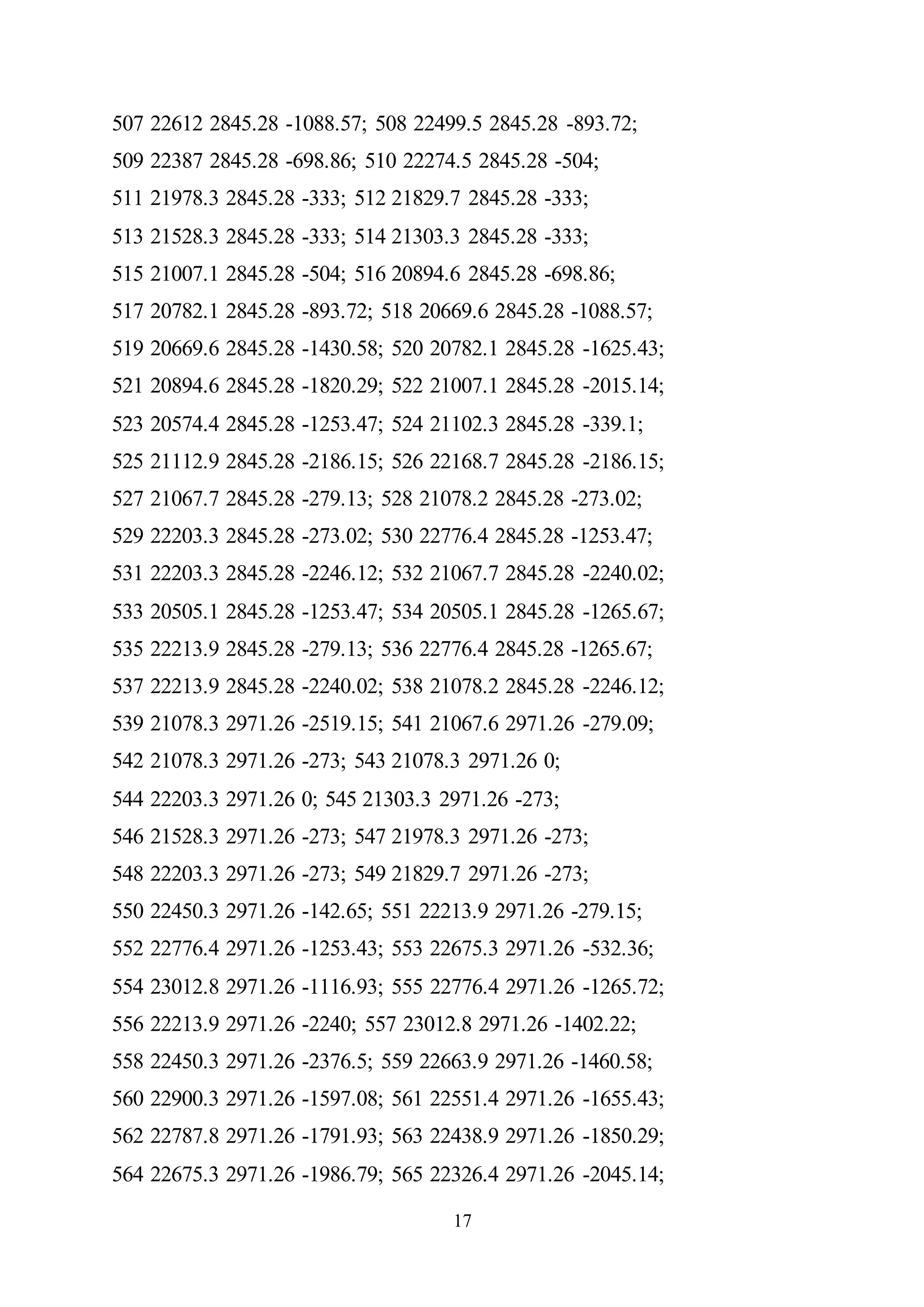 17
507 22612 2845.28 -1088.57; 508 22499.5 2845.28 -893.72;
509 22387 2845.28 -698.86; 510 22274.5 2845.28 -504;
511 21978.3 2845.28 -333; 512 21829.7 2845.28 -333;
513 21528.3 2845.28 -333; 514 21303.3 2845.28 -333;
515 21007.1 2845.28 -504; 516 20894.6 2845.28 -698.86;
517 20782.1 2845.28 -893.72; 518 20669.6 2845.28 -1088.57;
519 20669.6 2845.28 -1430.58; 520 20782.1 2845.28 -1625.43;
521 20894.6 2845.28 -1820.29; 522 21007.1 2845.28 -2015.14;
523 20574.4 2845.28 -1253.47; 524 21102.3 2845.28 -339.1;
525 21112.9 2845.28 -2186.15; 526 22168.7 2845.28 -2186.15;
527 21067.7 2845.28 -279.13; 528 21078.2 2845.28 -273.02;
529 22203.3 2845.28 -273.02; 530 22776.4 2845.28 -1253.47;
531 22203.3 2845.28 -2246.12; 532 21067.7 2845.28 -2240.02;
533 20505.1 2845.28 -1253.47; 534 20505.1 2845.28 -1265.67;
535 22213.9 2845.28 -279.13; 536 22776.4 2845.28 -1265.67;
537 22213.9 2845.28 -2240.02; 538 21078.2 2845.28 -2246.12;
539 21078.3 2971.26 -2519.15; 541 21067.6 2971.26 -279.09;
542 21078.3 2971.26 -273; 543 21078.3 2971.26 0;
544 22203.3 2971.26 0; 545 21303.3 2971.26 -273;
546 21528.3 2971.26 -273; 547 21978.3 2971.26 -273;
548 22203.3 2971.26 -273; 549 21829.7 2971.26 -273;
550 22450.3 2971.26 -142.65; 551 22213.9 2971.26 -279.15;
552 22776.4 2971.26 -1253.43; 553 22675.3 2971.26 -532.36;
554 23012.8 2971.26 -1116.93; 555 22776.4 2971.26 -1265.72;
556 22213.9 2971.26 -2240; 557 23012.8 2971.26 -1402.22;
558 22450.3 2971.26 -2376.5; 559 22663.9 2971.26 -1460.58;
560 22900.3 2971.26 -1597.08; 561 22551.4 2971.26 -1655.43;
562 22787.8 2971.26 -1791.93; 563 22438.9 2971.26 -1850.29;
564 22675.3 2971.26 -1986.79; 565 22326.4 2971.26 -2045.14;
 