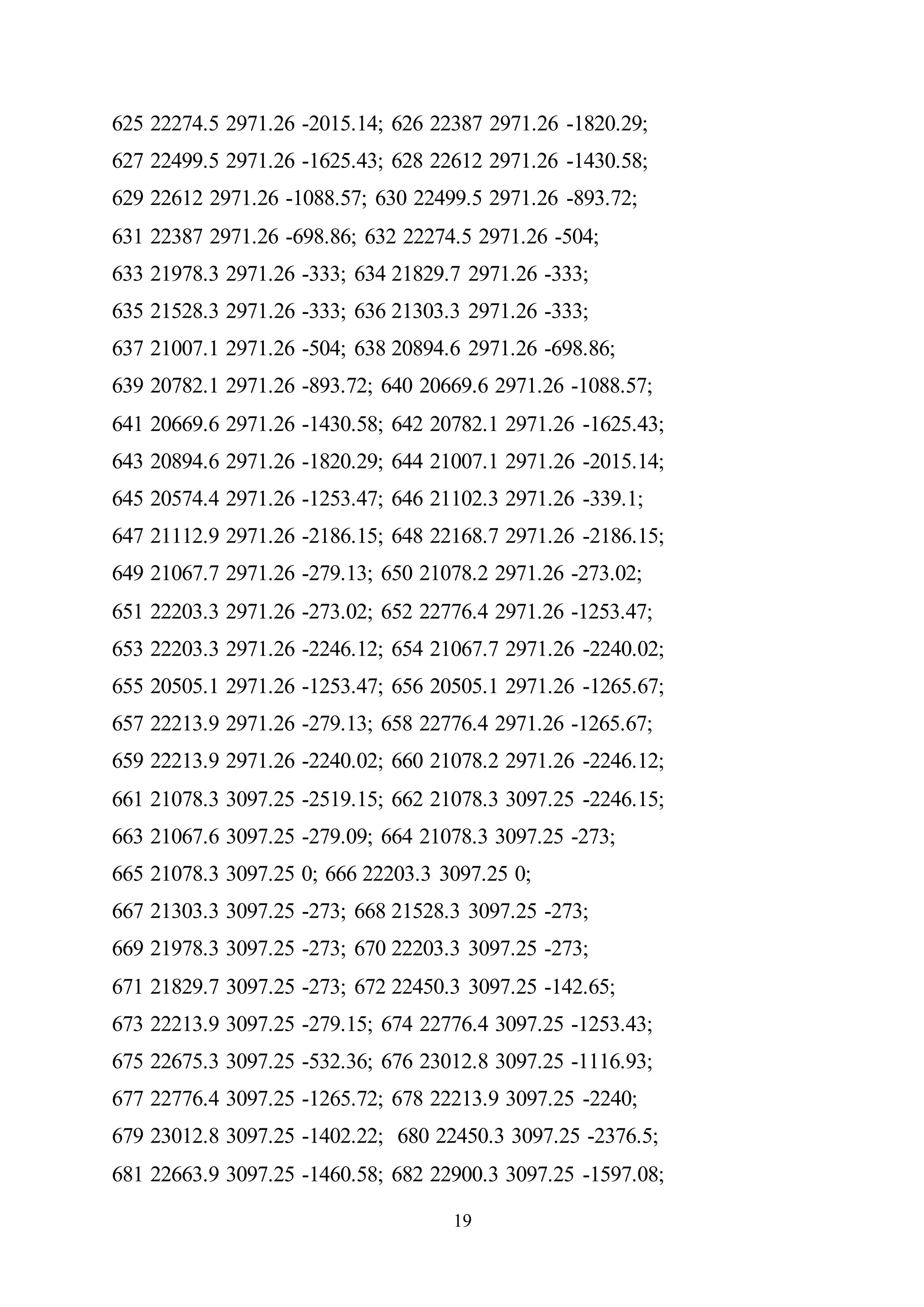 19
625 22274.5 2971.26 -2015.14; 626 22387 2971.26 -1820.29;
627 22499.5 2971.26 -1625.43; 628 22612 2971.26 -1430.58;
629 22612 2971.26 -1088.57; 630 22499.5 2971.26 -893.72;
631 22387 2971.26 -698.86; 632 22274.5 2971.26 -504;
633 21978.3 2971.26 -333; 634 21829.7 2971.26 -333;
635 21528.3 2971.26 -333; 636 21303.3 2971.26 -333;
637 21007.1 2971.26 -504; 638 20894.6 2971.26 -698.86;
639 20782.1 2971.26 -893.72; 640 20669.6 2971.26 -1088.57;
641 20669.6 2971.26 -1430.58; 642 20782.1 2971.26 -1625.43;
643 20894.6 2971.26 -1820.29; 644 21007.1 2971.26 -2015.14;
645 20574.4 2971.26 -1253.47; 646 21102.3 2971.26 -339.1;
647 21112.9 2971.26 -2186.15; 648 22168.7 2971.26 -2186.15;
649 21067.7 2971.26 -279.13; 650 21078.2 2971.26 -273.02;
651 22203.3 2971.26 -273.02; 652 22776.4 2971.26 -1253.47;
653 22203.3 2971.26 -2246.12; 654 21067.7 2971.26 -2240.02;
655 20505.1 2971.26 -1253.47; 656 20505.1 2971.26 -1265.67;
657 22213.9 2971.26 -279.13; 658 22776.4 2971.26 -1265.67;
659 22213.9 2971.26 -2240.02; 660 21078.2 2971.26 -2246.12;
661 21078.3 3097.25 -2519.15; 662 21078.3 3097.25 -2246.15;
663 21067.6 3097.25 -279.09; 664 21078.3 3097.25 -273;
665 21078.3 3097.25 0; 666 22203.3 3097.25 0;
667 21303.3 3097.25 -273; 668 21528.3 3097.25 -273;
669 21978.3 3097.25 -273; 670 22203.3 3097.25 -273;
671 21829.7 3097.25 -273; 672 22450.3 3097.25 -142.65;
673 22213.9 3097.25 -279.15; 674 22776.4 3097.25 -1253.43;
675 22675.3 3097.25 -532.36; 676 23012.8 3097.25 -1116.93;
677 22776.4 3097.25 -1265.72; 678 22213.9 3097.25 -2240;
679 23012.8 3097.25 -1402.22; 680 22450.3 3097.25 -2376.5;
681 22663.9 3097.25 -1460.58; 682 22900.3 3097.25 -1597.08;
 