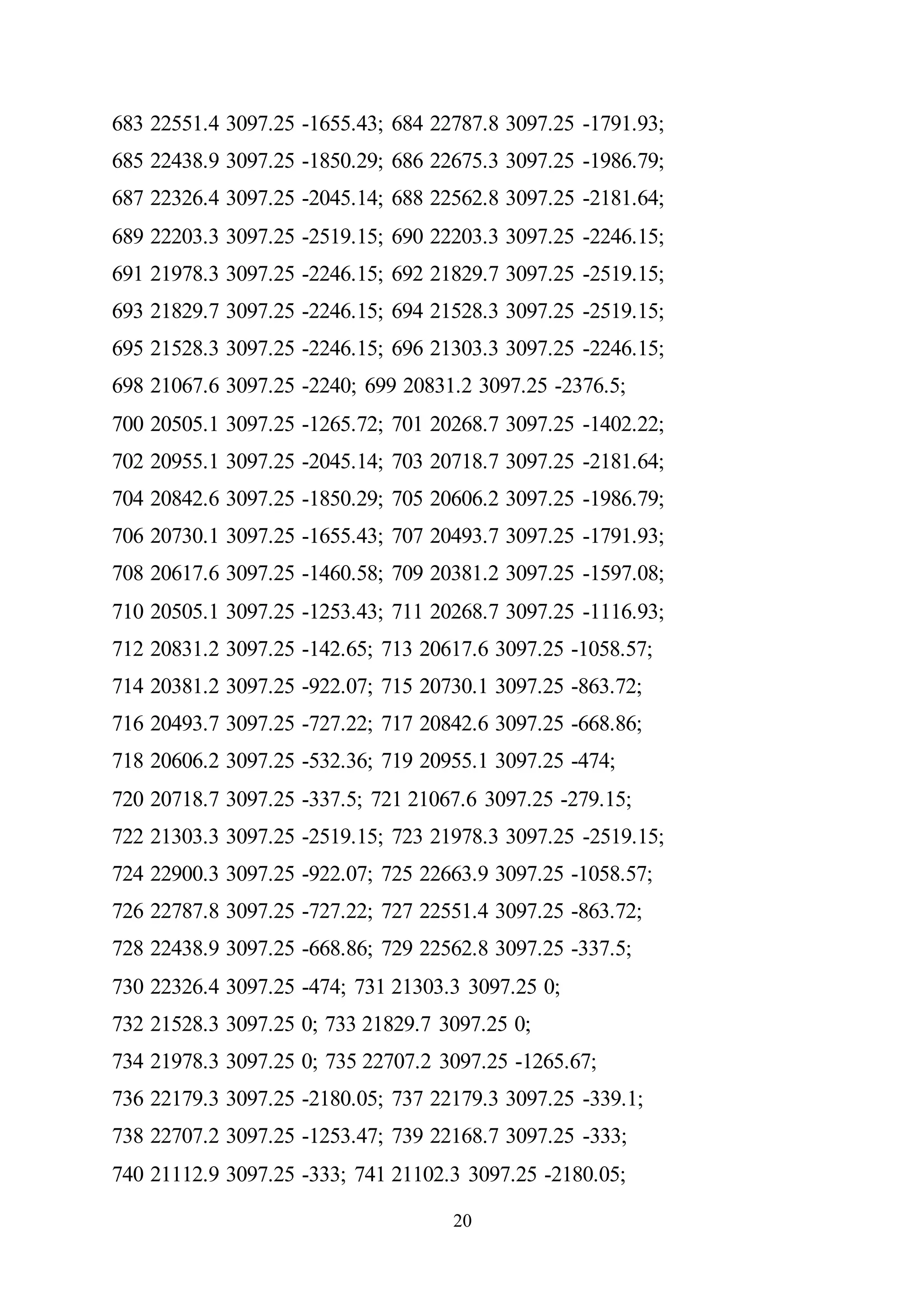 20
683 22551.4 3097.25 -1655.43; 684 22787.8 3097.25 -1791.93;
685 22438.9 3097.25 -1850.29; 686 22675.3 3097.25 -1986.79;
687 22326.4 3097.25 -2045.14; 688 22562.8 3097.25 -2181.64;
689 22203.3 3097.25 -2519.15; 690 22203.3 3097.25 -2246.15;
691 21978.3 3097.25 -2246.15; 692 21829.7 3097.25 -2519.15;
693 21829.7 3097.25 -2246.15; 694 21528.3 3097.25 -2519.15;
695 21528.3 3097.25 -2246.15; 696 21303.3 3097.25 -2246.15;
698 21067.6 3097.25 -2240; 699 20831.2 3097.25 -2376.5;
700 20505.1 3097.25 -1265.72; 701 20268.7 3097.25 -1402.22;
702 20955.1 3097.25 -2045.14; 703 20718.7 3097.25 -2181.64;
704 20842.6 3097.25 -1850.29; 705 20606.2 3097.25 -1986.79;
706 20730.1 3097.25 -1655.43; 707 20493.7 3097.25 -1791.93;
708 20617.6 3097.25 -1460.58; 709 20381.2 3097.25 -1597.08;
710 20505.1 3097.25 -1253.43; 711 20268.7 3097.25 -1116.93;
712 20831.2 3097.25 -142.65; 713 20617.6 3097.25 -1058.57;
714 20381.2 3097.25 -922.07; 715 20730.1 3097.25 -863.72;
716 20493.7 3097.25 -727.22; 717 20842.6 3097.25 -668.86;
718 20606.2 3097.25 -532.36; 719 20955.1 3097.25 -474;
720 20718.7 3097.25 -337.5; 721 21067.6 3097.25 -279.15;
722 21303.3 3097.25 -2519.15; 723 21978.3 3097.25 -2519.15;
724 22900.3 3097.25 -922.07; 725 22663.9 3097.25 -1058.57;
726 22787.8 3097.25 -727.22; 727 22551.4 3097.25 -863.72;
728 22438.9 3097.25 -668.86; 729 22562.8 3097.25 -337.5;
730 22326.4 3097.25 -474; 731 21303.3 3097.25 0;
732 21528.3 3097.25 0; 733 21829.7 3097.25 0;
734 21978.3 3097.25 0; 735 22707.2 3097.25 -1265.67;
736 22179.3 3097.25 -2180.05; 737 22179.3 3097.25 -339.1;
738 22707.2 3097.25 -1253.47; 739 22168.7 3097.25 -333;
740 21112.9 3097.25 -333; 741 21102.3 3097.25 -2180.05;
 