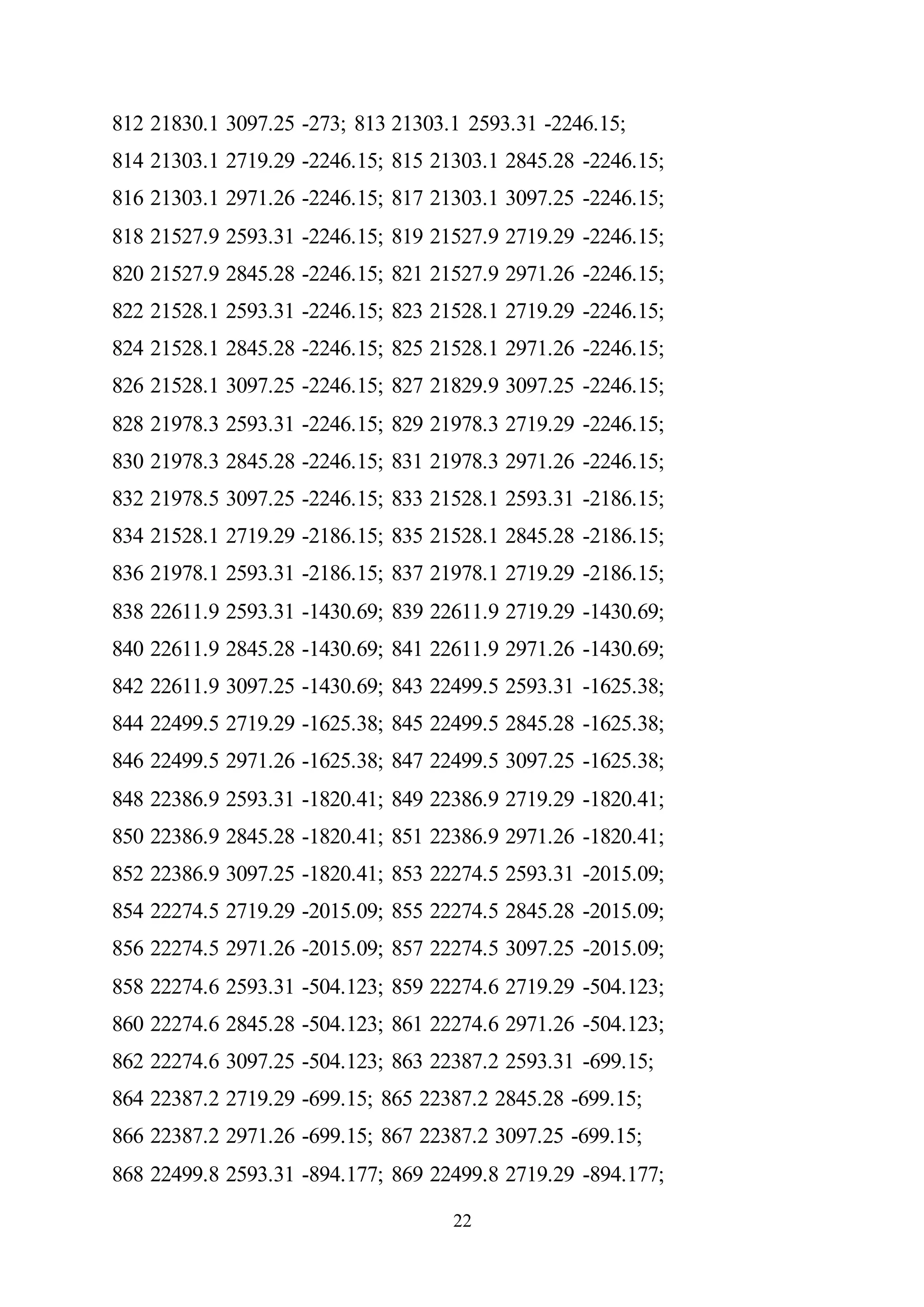 22
812 21830.1 3097.25 -273; 813 21303.1 2593.31 -2246.15;
814 21303.1 2719.29 -2246.15; 815 21303.1 2845.28 -2246.15;
816 21303.1 2971.26 -2246.15; 817 21303.1 3097.25 -2246.15;
818 21527.9 2593.31 -2246.15; 819 21527.9 2719.29 -2246.15;
820 21527.9 2845.28 -2246.15; 821 21527.9 2971.26 -2246.15;
822 21528.1 2593.31 -2246.15; 823 21528.1 2719.29 -2246.15;
824 21528.1 2845.28 -2246.15; 825 21528.1 2971.26 -2246.15;
826 21528.1 3097.25 -2246.15; 827 21829.9 3097.25 -2246.15;
828 21978.3 2593.31 -2246.15; 829 21978.3 2719.29 -2246.15;
830 21978.3 2845.28 -2246.15; 831 21978.3 2971.26 -2246.15;
832 21978.5 3097.25 -2246.15; 833 21528.1 2593.31 -2186.15;
834 21528.1 2719.29 -2186.15; 835 21528.1 2845.28 -2186.15;
836 21978.1 2593.31 -2186.15; 837 21978.1 2719.29 -2186.15;
838 22611.9 2593.31 -1430.69; 839 22611.9 2719.29 -1430.69;
840 22611.9 2845.28 -1430.69; 841 22611.9 2971.26 -1430.69;
842 22611.9 3097.25 -1430.69; 843 22499.5 2593.31 -1625.38;
844 22499.5 2719.29 -1625.38; 845 22499.5 2845.28 -1625.38;
846 22499.5 2971.26 -1625.38; 847 22499.5 3097.25 -1625.38;
848 22386.9 2593.31 -1820.41; 849 22386.9 2719.29 -1820.41;
850 22386.9 2845.28 -1820.41; 851 22386.9 2971.26 -1820.41;
852 22386.9 3097.25 -1820.41; 853 22274.5 2593.31 -2015.09;
854 22274.5 2719.29 -2015.09; 855 22274.5 2845.28 -2015.09;
856 22274.5 2971.26 -2015.09; 857 22274.5 3097.25 -2015.09;
858 22274.6 2593.31 -504.123; 859 22274.6 2719.29 -504.123;
860 22274.6 2845.28 -504.123; 861 22274.6 2971.26 -504.123;
862 22274.6 3097.25 -504.123; 863 22387.2 2593.31 -699.15;
864 22387.2 2719.29 -699.15; 865 22387.2 2845.28 -699.15;
866 22387.2 2971.26 -699.15; 867 22387.2 3097.25 -699.15;
868 22499.8 2593.31 -894.177; 869 22499.8 2719.29 -894.177;
 