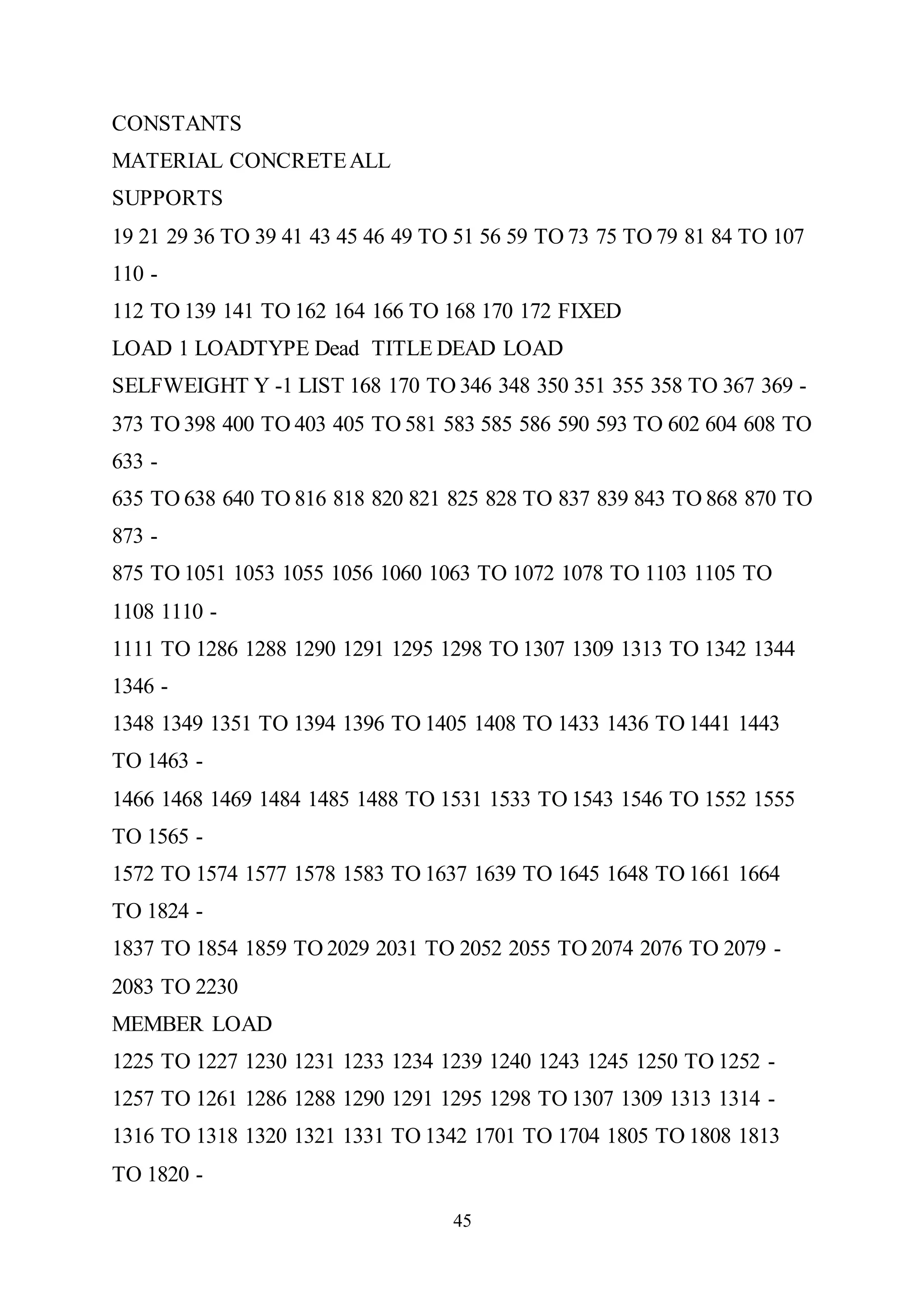 45
CONSTANTS
MATERIAL CONCRETEALL
SUPPORTS
19 21 29 36 TO 39 41 43 45 46 49 TO 51 56 59 TO 73 75 TO 79 81 84 TO 107
110 -
112 TO 139 141 TO 162 164 166 TO 168 170 172 FIXED
LOAD 1 LOADTYPE Dead TITLE DEAD LOAD
SELFWEIGHT Y -1 LIST 168 170 TO 346 348 350 351 355 358 TO 367 369 -
373 TO 398 400 TO 403 405 TO 581 583 585 586 590 593 TO 602 604 608 TO
633 -
635 TO 638 640 TO 816 818 820 821 825 828 TO 837 839 843 TO 868 870 TO
873 -
875 TO 1051 1053 1055 1056 1060 1063 TO 1072 1078 TO 1103 1105 TO
1108 1110 -
1111 TO 1286 1288 1290 1291 1295 1298 TO 1307 1309 1313 TO 1342 1344
1346 -
1348 1349 1351 TO 1394 1396 TO 1405 1408 TO 1433 1436 TO 1441 1443
TO 1463 -
1466 1468 1469 1484 1485 1488 TO 1531 1533 TO 1543 1546 TO 1552 1555
TO 1565 -
1572 TO 1574 1577 1578 1583 TO 1637 1639 TO 1645 1648 TO 1661 1664
TO 1824 -
1837 TO 1854 1859 TO 2029 2031 TO 2052 2055 TO 2074 2076 TO 2079 -
2083 TO 2230
MEMBER LOAD
1225 TO 1227 1230 1231 1233 1234 1239 1240 1243 1245 1250 TO 1252 -
1257 TO 1261 1286 1288 1290 1291 1295 1298 TO 1307 1309 1313 1314 -
1316 TO 1318 1320 1321 1331 TO 1342 1701 TO 1704 1805 TO 1808 1813
TO 1820 -
 