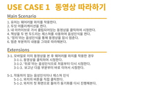 USE CASE 1 동영상�따라하기
Main Scenario
1. 유저는�웨어러블�와치를�착용한다.
2. 두잇�어플리케이션을�켠다.
3. 내�아카이브로�가서�클립되어있는�동영상을�클릭하여�시청한다.
4. 책상을�두�번�두드리는�제스쳐를�사용하여�음성인식을�켠다.
5. ‘정지’라는�음성인식을�통해�동영상을�잠시�멈춘다.
6. 멈춘�부분까지�내용을�그대로�따라해본다.
Extensions
3-1. 모바일로�이미�동영상을�본�후�웨어러블�와치를�착용한�경우
3-1-1. 동영상을�클릭하여�시청한다.
3-1-2. ‘뒤로’라는�음성인식으로�처음부터�다시�시청한다.
3-1-3. 보고난�다음�부분부터�바로�이어서�시청한다.
5-1. 작동하지�않는�음성인식이나�제스쳐�인식
5-1-1. 와치의�버튼을�직접�클릭한다.
5-1-2. 와치의�첫�화면으로�돌아가�동기화를�다시�진행해본다.
 