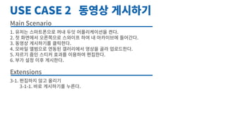 USE CASE 2 동영상�게시하기
Main Scenario
1. 유저는�스마트폰으로�꺼내�두잇�어플리케이션을�켠다.
2. 첫�화면에서�오른쪽으로�스와이프�하여�내�아카이브에�들어간다.
3. 동영상�게시하기를�클릭한다.
4. 모바일�앨범으로�연동된�갤러리에서�영상을�골라�업로드한다.
5. 자르기�줌인�스티커�효과를�이용하여�편집한다.
6. 부가�설정�이후�게시한다.
Extensions
3-1. 편집하지�않고�올리기
3-1-1. 바로�게시하기를�누른다.
 