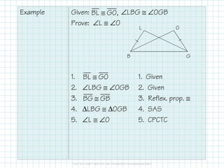 Example Given: ∠LBG ≅ ∠OGB
Prove: ∠L ≅ ∠O
1. 1. Given
2. ∠LBG ≅ ∠OGB 2. Given
3. 3. Reflex. prop. ≅
4. ∆LBG ≅ ∆OGB 4. SAS
5. ∠L ≅ ∠O 5. CPCTC
L
B
O
G
BL GO,≅
BL GO≅
BG GB≅
 